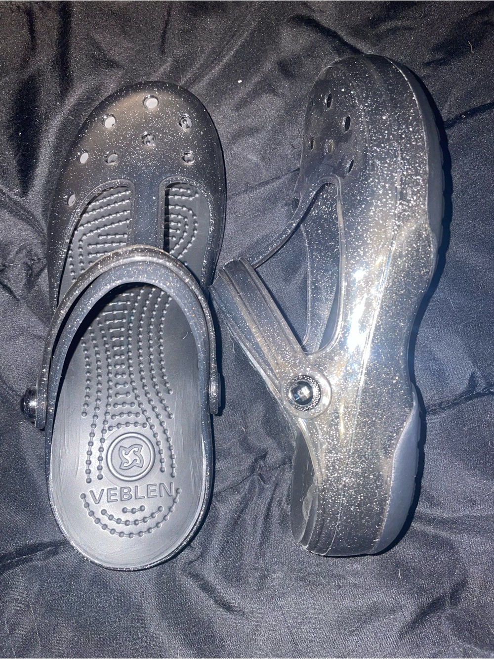 Crocs style Mary Jane clog Glitter Jelly T-Strap Sandals - Black size w6 nwot - Picture 2 of 6